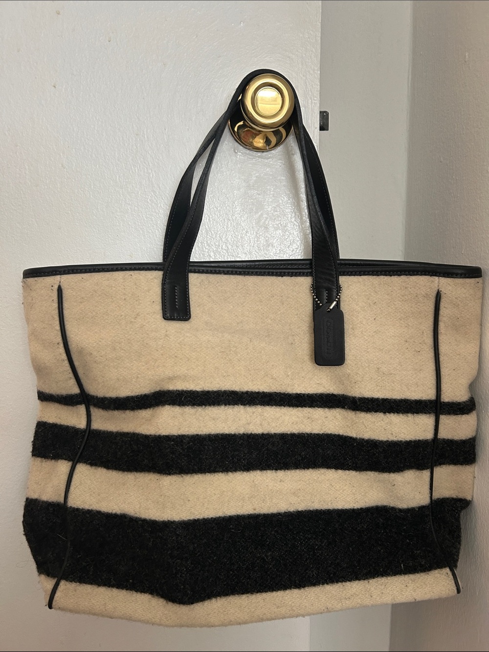 Vintage Wool Coach Striped Tote in Black and Cream